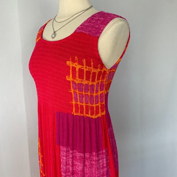 Boho Midi Dress Size Large Pink Patchwork Shirred Bodice Sleeveless Beachy - Picture 7 of 14